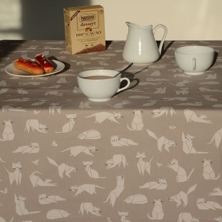 Tissu en coton enduit Chats taupe