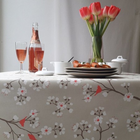 Tissu en coton enduit Cerisier Taupe/corail