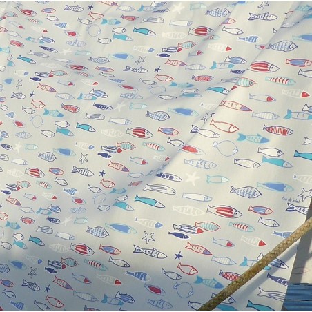 Tissu en coton enduit Poissons bleu rouge Tissu en coton enduit Poissons bleu rouge