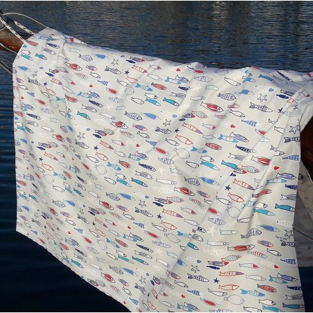 Tissu en coton enduit Poissons bleu rouge Tissu en coton enduit Poissons bleu rouge