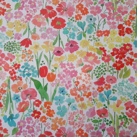 Tissu en coton enduit Jardin fleuri corail Tissu en coton enduit Jardin fleuri corail